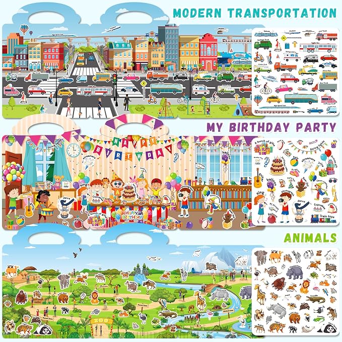 3 Sets Reusable Sticker Books for Toddlers 3-6 Years, Large Jelly Sticker Activity Books for Kids, Travel Toys for Toddlers Ages 3+ Girls & Boys