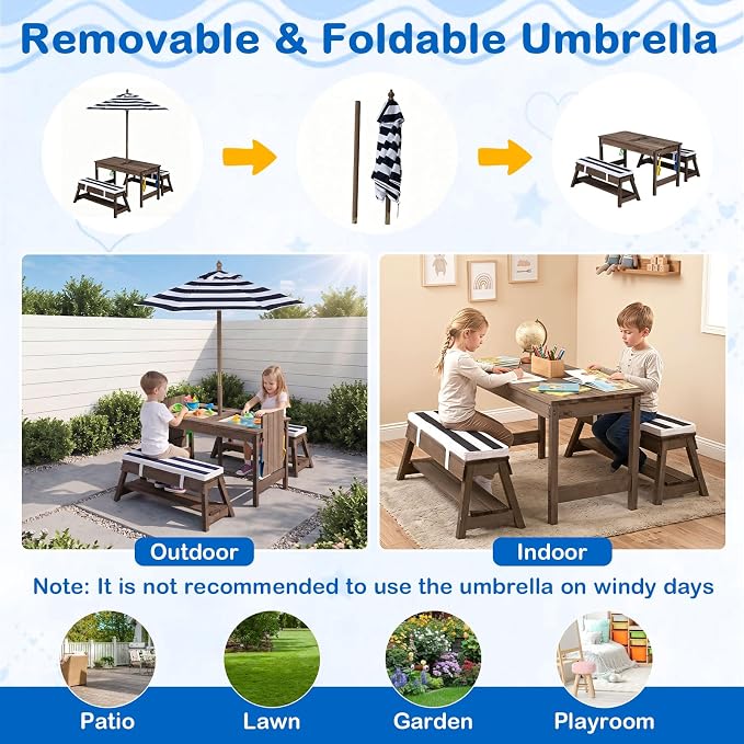 Costzon 4-in-1 Kids Picnic Table with Umbrella, Sand & Water Sensory Bins | Wooden Toddler Outdoor Table with Benches, Cushions, Cover, Gardening Tools, Kids Outdoor Furniture for Patio Backyard
