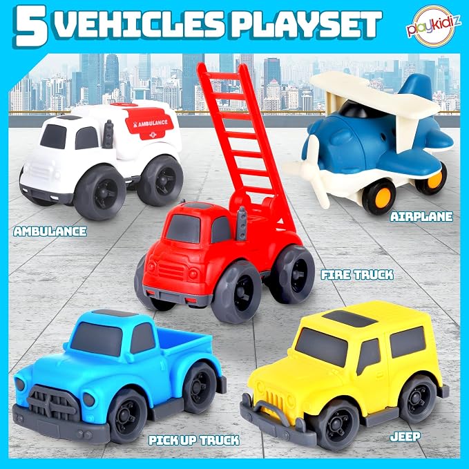 5 Pack Toddler Car Toys Playset - Toy Cars, Including Airplane, Fire Truck, Ambulance, Pick Up Truck and Jeep, Ideal Car Set Gift for Ages 3-5 (Colors May Vary)