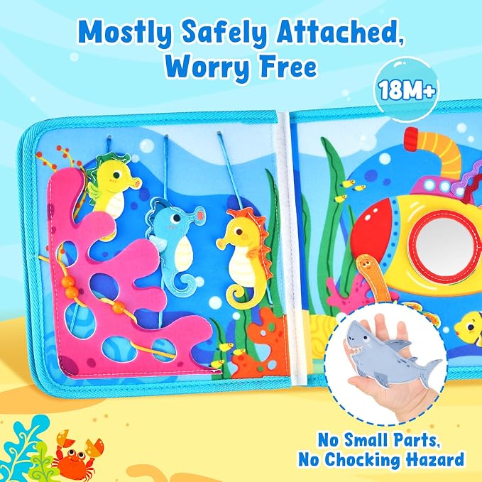 JoyCat Ocean Busy Book for Toddlers 1-3, Montessori Travel Activity Book | Ocean busy book with sea animal activities helps toddlers practice life skills, fine motor skills and quiet travel play.