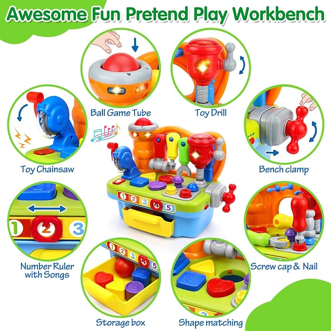 Toys for 1 Year Old Boy, Musical Toy Tool Bench, 1 2 3 Years old Boy Gifts | Montessori Toys with Sound Lights Effect, Shape Sorter, Christmas Birthday Gift for Boy Girl,Engineer Pretend Play Workbench