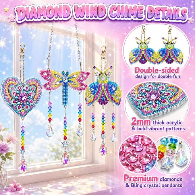 Diamond Art for Kids 8-12, 3 PCS Diamond Art Painting Sun Catcher for Girls | Arts and Crafts for Kids Ages 8-12 with 3 Gem Art Boards&Crystal Pendants, Gifts for Teen Girls, Garden/Home/Classroom Decor