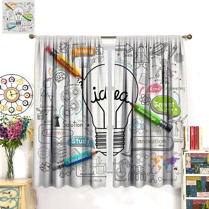 Science Symbols Kids Curtain Sketches Cartoon Chemistry Physics Geometry Education Pattern Print Window Drapes for Bedroom Living Room Kitchen Decor,2 Panel Set,63x63 Inch Blackout