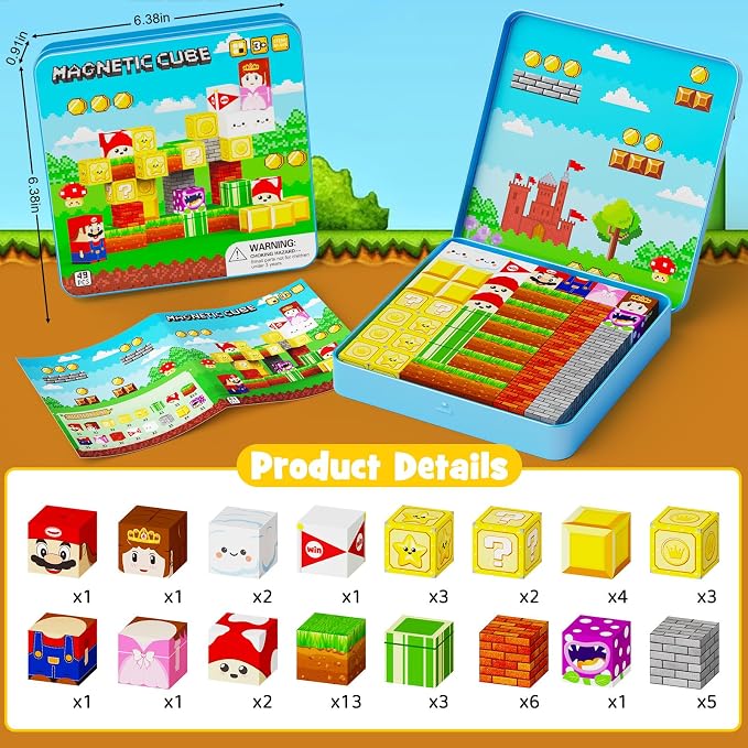 Travel Magnetic Blocks Kids Toys: 49 PCS Mini Magnets Cubes with Iron Box | Compact Play Base for Car Activities & Road Trips Games - Airplane Essentials STEM Learning Toys for Toddlers Kids Ages 3-8