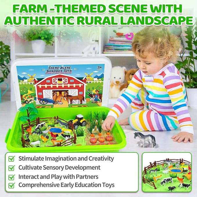 Sensory Bin, Sandbox Toys Play Sand Art Kit for Kids Toddlers 3 4 5 6 7 8 | Farm Sensory Toys with Sandbox & Farm Animals & Tractor Playset, Indoor Outdoor Beach Toys for Kids Christmas Birthday Gifts