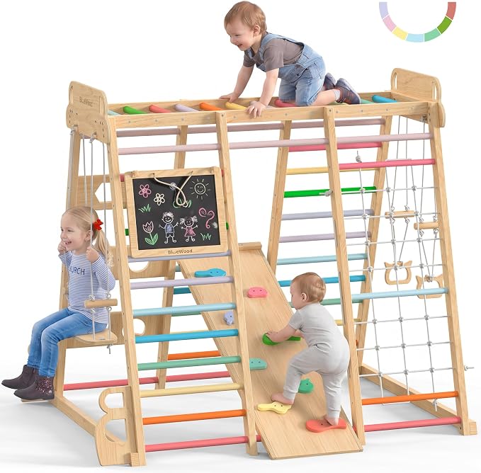 Upgraded Indoor Jungle Gym 14-in-1 Playground Kids Climbing Toys | Waldorf Style Wooden Climber Playset with Slide, Swing, Monkey Bars, Upright/Rope Ladder, Climb Net, Colorful