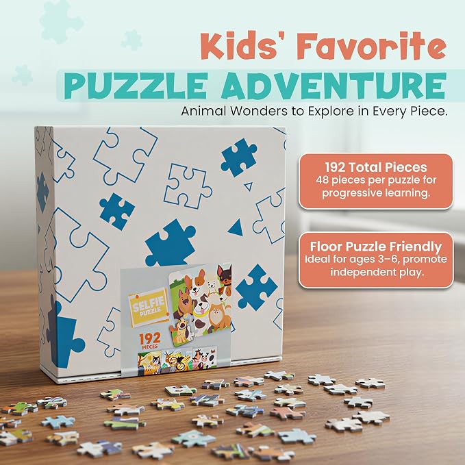 Wooden Animal Floor Puzzles for Kids, 4-Pack 48-Piece (192 Total) – Educational Toys for 3 Year Old, Puzzles for Kids Ages 4–6, Learning Toys for 3 Year Old Boys & Girls, Animal Theme