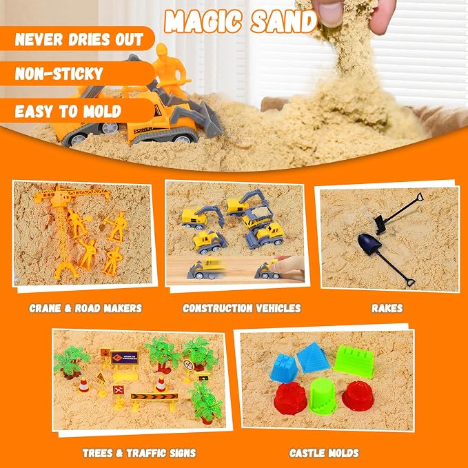 Construction Sensory Sand Kit, Complete Sensory Bin with Lid | 2.64lbs Magic Sand, Construction Tools, STEM Montessori Construction Sensory Toys for Kids 3-8, Boy Christmas Birthday Gifts