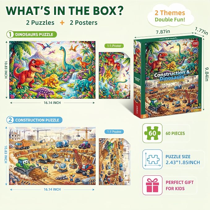 2-Pack Puzzles for Kids Ages 4-6, 60-Piece Puzzles for Kids Ages 6-8, Educational Puzzles for Boys and Girls (Dinosaurs & Construction) | 2-in-1 Dinosaur & Construction Set | Educational Puzzles for Ages 6-8, , Age-Appropriate Learning Toys, Ages 3+