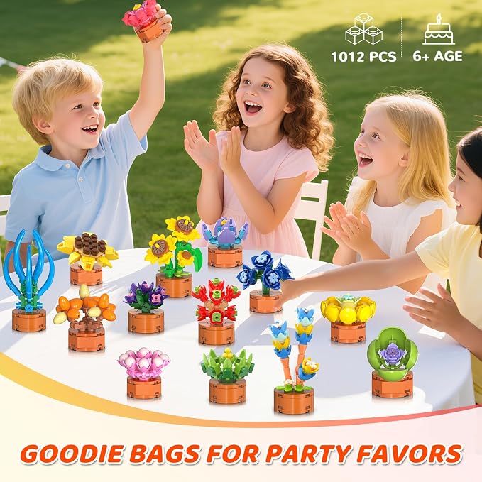 24 Pack Flowers Succulents Party Favors for Kids 6+ Mini Building Toys Sets | 1012PCS Botanical Bonsai 3.6mm Blocks for Classroom Prizes Goodie Bags Filler Stocking Stuffers, Birthday Gift for Girls Boys