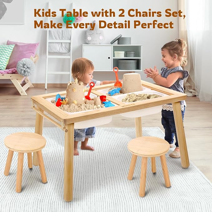 Sensory Table and 2 Chairs Set, Toddler Table with 3 Storage Bin FSC | Sand Water Table Graffiti Tabletop, Kids Art Table with Paper Holder, 7-in-1 Activity Table for Play Study Storage 1-8 Gifts