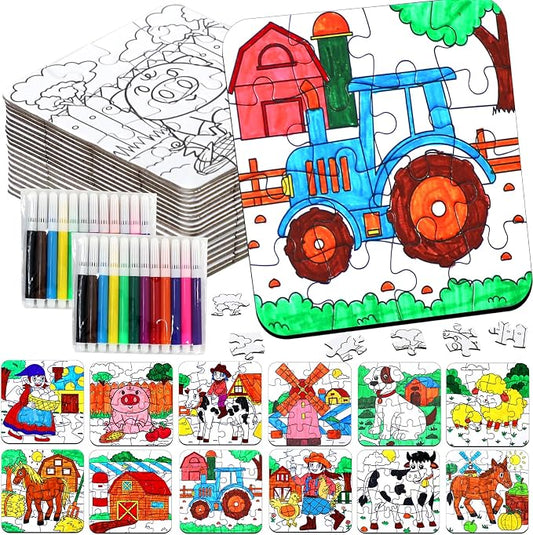 24 Sets Farm Animals Toddler Puzzles Ages 2-4 Bulk, Farm Party Favors Crafts DIY Paper Jigsaw Kit with Cow Dog Sheep, Fall Art Coloring Blank Puzzle for Classroom Gift Birthday Fun Games Toys Supplies