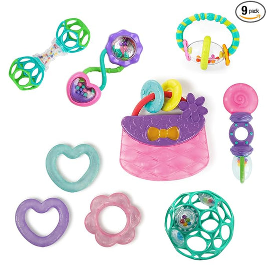 Bright Starts Everything Nice Teething Toys 9-Piece Set - BPA-Free Rattles and Chillable Teethers, Purple and Pink Baby Toys, 3 Months+