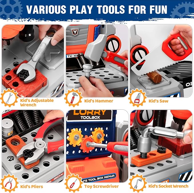 Kids Tool Bench with Electric Drill and Power Miter Saw, Construction Workbench Toys for Boys Age 3 4 5 6 7 8, Toddler Realistic Tools Table Playset, Tool Box Set, Christmas Birthday Gift for Kids 3-5