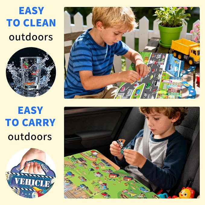 Elfew 2 Pack Puffy Vehicle Sticker Books for Toddlers Ages 2-4 3-5 | Extra-Large Tri-Fold Sticker Book, Construction Truck and Car Theme, Over 100+ Stickers, 3D Reusable, Activity Gifts for Boy