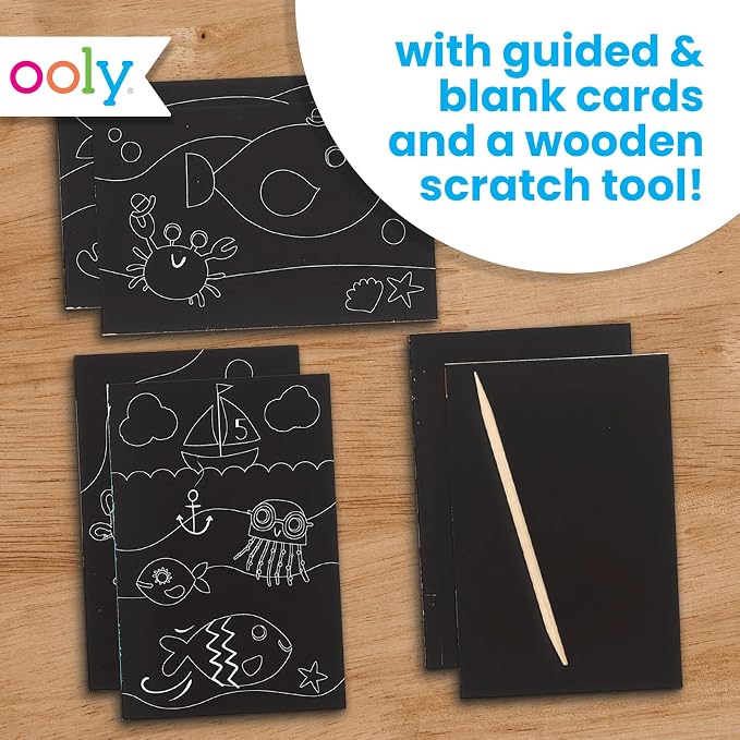 Ooly Mini Scratch & Scribble Art Kit, 6 Cards – Friendly Fish | Ages 6+, Wooden Stylus Included, Compact Car and Airplane Travel Activity, Screen-Free Craft, Fun Gift for Kids