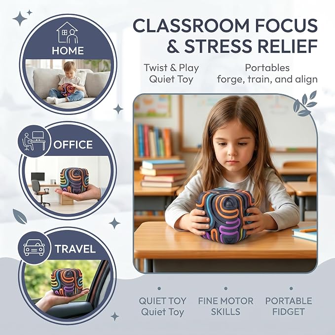 Sensory Activity Board Cube Fidget Toys for Kids & Adults - Zero Noise Silicone Quiet Toddler Travel Toys for Car Rides & Airplane - Autism ADHD Calming Toy Gift Stuffers with 15 Strings