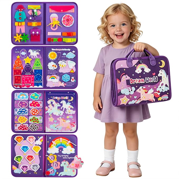 GOLIYEAN Toddler Busy Board - Montessori Toys for 1-3 Year Old Girl Birthday Gifts, Educational Learning Sensory Quiet Activity Busy Book for Toddlers, Airplane Car Travel Toys for Ages 2-4