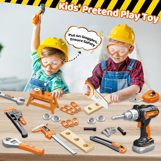 Kids Tool Set, Toddler Tool Box, Toy Drill, Construction Toys for Ages 3-5 | 46 Pcs Kids Toy Tools Kits for Toddlers Pretend Role Play, Christmas Birthday Gifts for Boys Girls Ages 3 4 5 6 7 8, Orange