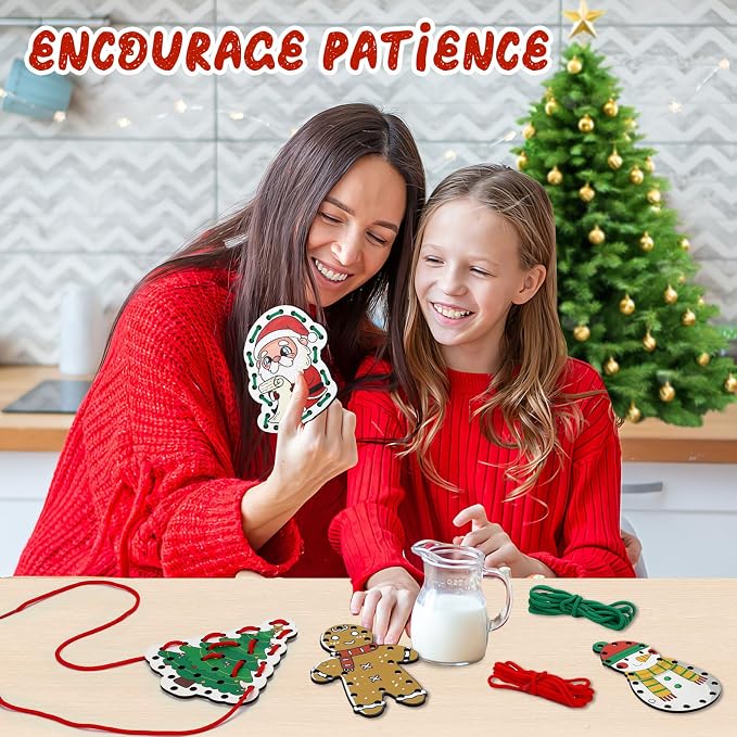 Christmas Lacing Card Motor Wooden Lacing Cards Fine Motor Skills | Christmas themed lacing cards designed to improve fine motor skills, focus, and hand-eye coordination.