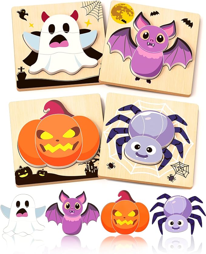 4 Pack Halloween Wooden Puzzles for Toddlers,Halloween Boo Basket Stuffers Party Favors Treats, Montessori Toys Birthday Gifts for Kids Boys Girls
