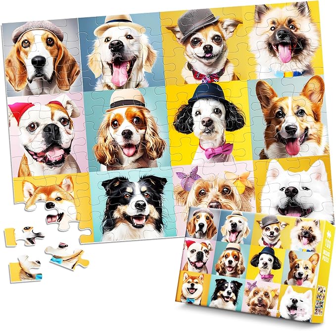Puzzles for Kids Ages 6-8 8-10 10-12 Year Old and Seniors- Cute Dogs Portrait Jigsaw Puzzle- 100 Piece Puzzles Colorful Children Puzzle Educational Toys Puppy Animal Puzzl as Home Decor