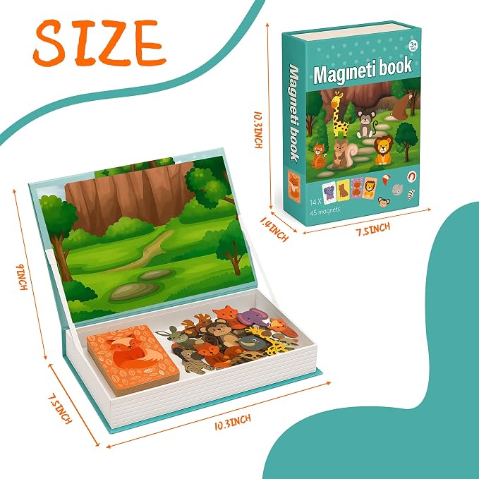 Animal Magnetic Busy Book for Toddlers, 45 Magnet Puzzles Toys | Montessori Quiet Travel Toy with 14 Activity Cards, Magnet Puzzles, Preschool Learning Game for Kids Ages 3+