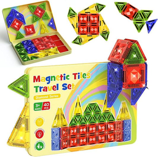 Mini Magnetic Tiles for Kids Travel: 40PCS Portable Building Blocks | Metal Storage Box & Visual Guide for 1-Minute Cleanup - Diamond Sparkle STEM Travel Toys for Toddlers Boys Girls Age 3-8