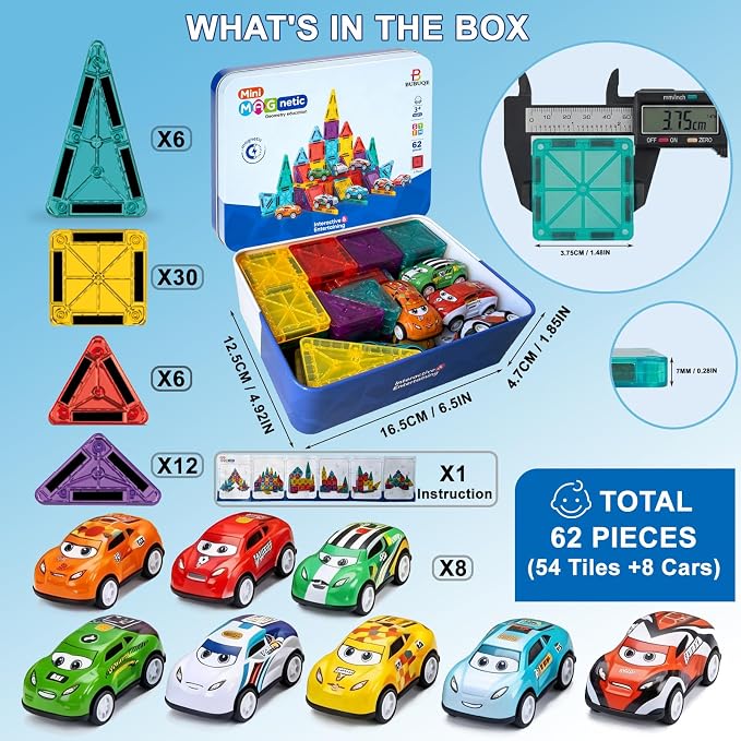 Mini Magnetic Tiles 62 PCS with 8 Metal Cars Travel Magnetic Building Tiles with Storage Box Magnet Toy for Kids STEM Educational Set Construction Toys Boys Girls Toddlers Birthday Gifts 3 4 5 6 7 8