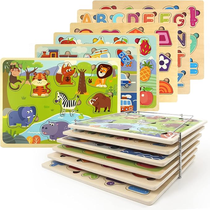 Wooden Puzzles for Toddlers with Storage Rack, WOOD CITY Toddler Puzzles Ages 3-6 for Kids, Learning Preschool Wood Puzzle for Boys and Girls-6 Pack Alphabet Number Shape Fruit Animal Vehicle