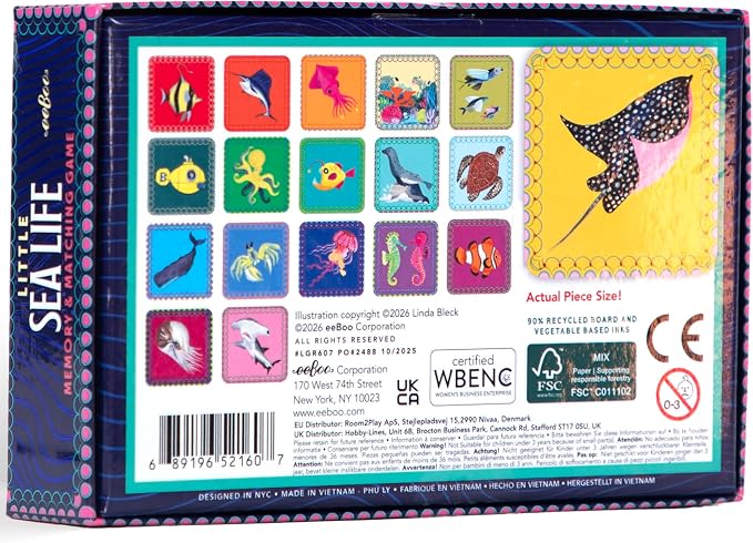eeBoo Little Sea Life Memory & Matching Game, Ages 3+, 1-4 Players | Introduces whales, jellyfish & marine life. Sharpens recognition, concentration & memory skills. Includes 36 tiles, 18 pairs