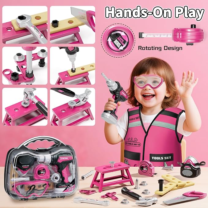 KidBloom Kids Tool Set, Toddler Tool Set with Box, Toys for 3 Year Old Girl | Construction Toys with Electric Toy Drill, Toy Tools with Vest, Pretend Play Tools for Kids, Birthday Gifts for 3 4 5 6 7 8 9