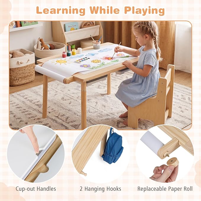 HONEY JOY Sensory Table and Chair Set, Wooden Sand & Water Activity Set w/Adjustable Height, Dual Sided Top, 2 Bins, Paper Roll & 2 Hooks for Art, Study, Craft, Gift for Boys Girls 3+