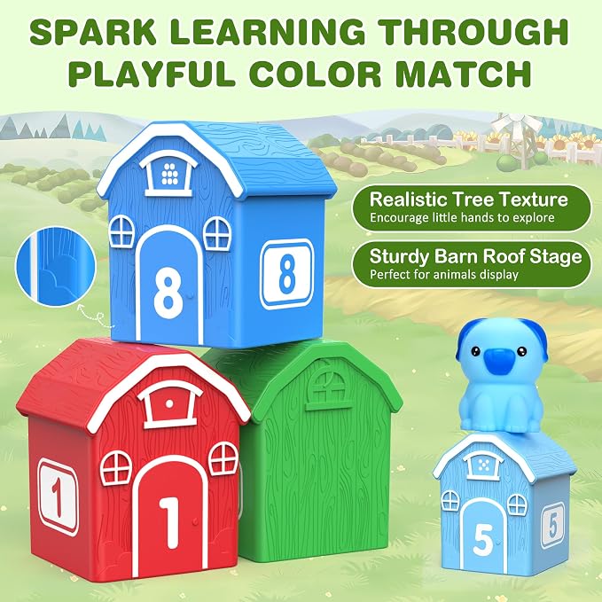Montessori Learning Toy Toddler Animal Train Counting Barns Puppets | Montessori toy farm train set with 9 barns & 10 finger puppets for matching sorting, preschool gift for toddler boys girls