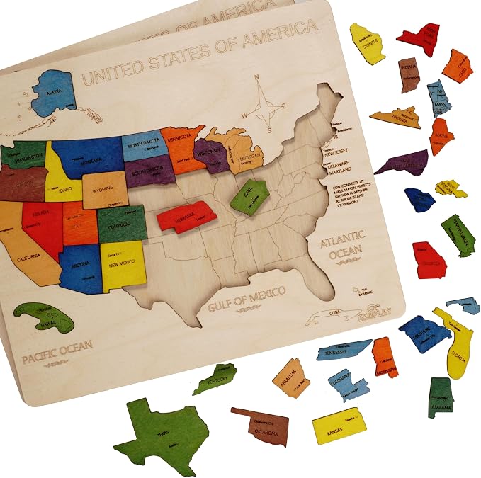 USA Map Wooden Jigsaw Puzzle for Kids | 44 Puzzle Pieces | Learning & Educational Toy Gift for Boys & Girls (ASTM Safety Rating: 3+ Years)