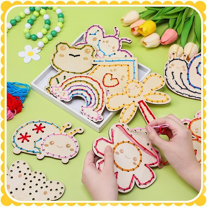 Capoda 18 Pcs Kids Lacing Cards Back to School Educational Threading Toy for Kid Wooden Lacing Card Toys with Colorful Threads for Develop Imagination Early Education Learning Activity