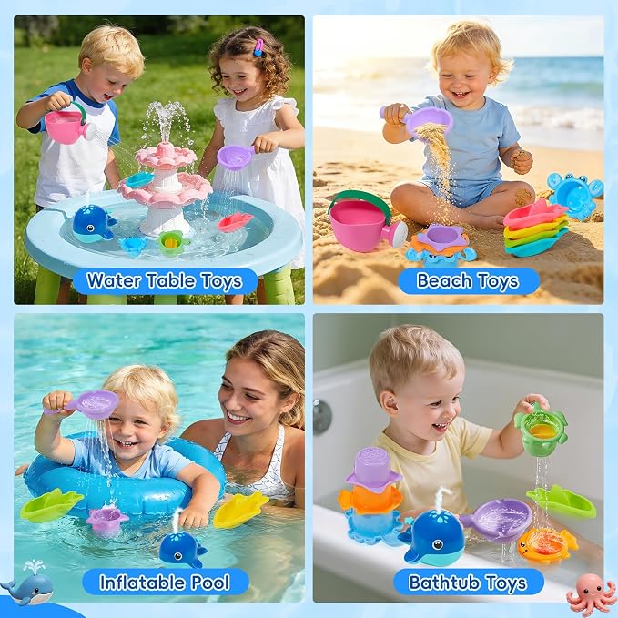 11 PCS Baby Bath Toys for Kids Ages 1-3, Open Design Easy-Clean Bathtub Pool Water Table Toys for Toddlers and Babies, Whale Sprayer, Stacking Cups & Watering Can Gifts for Boys & Girls