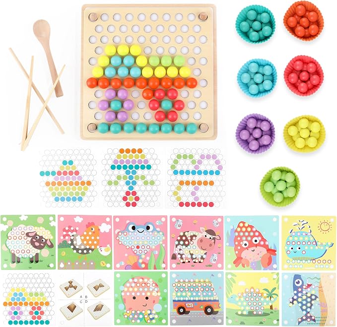 Wooden Peg Board Bead Game, Montessori Learning Toy, Color Sorting Stacking Matching, Fine Motor Math Counting, Multicolor Wood, 3-5 Years
