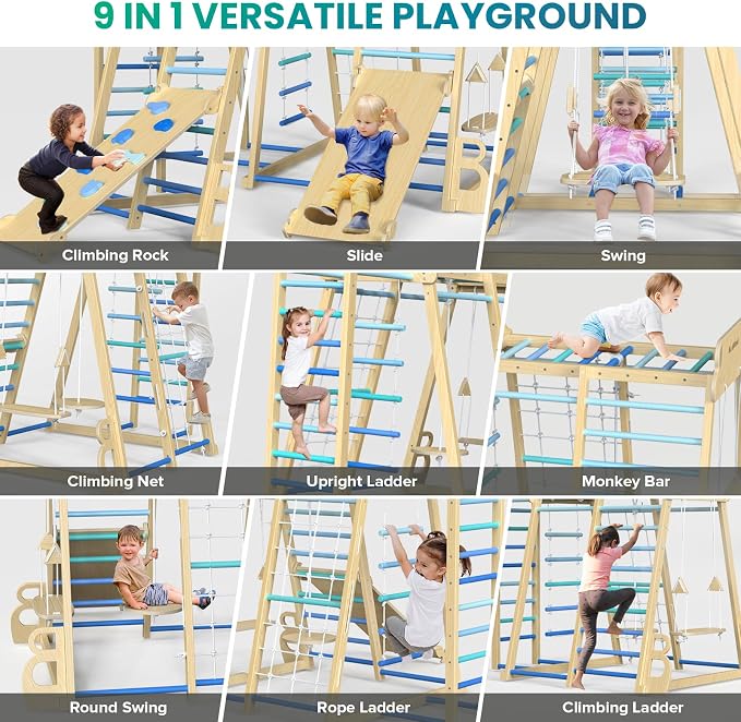 Upgraded Indoor Jungle Gym 9-in-1 Playground Kids Climbing Toys | Waldorf Style Wooden Climber Playset with Slide, Swing, Monkey Bars, Upright/Rope Ladder, Climb Net, Blue