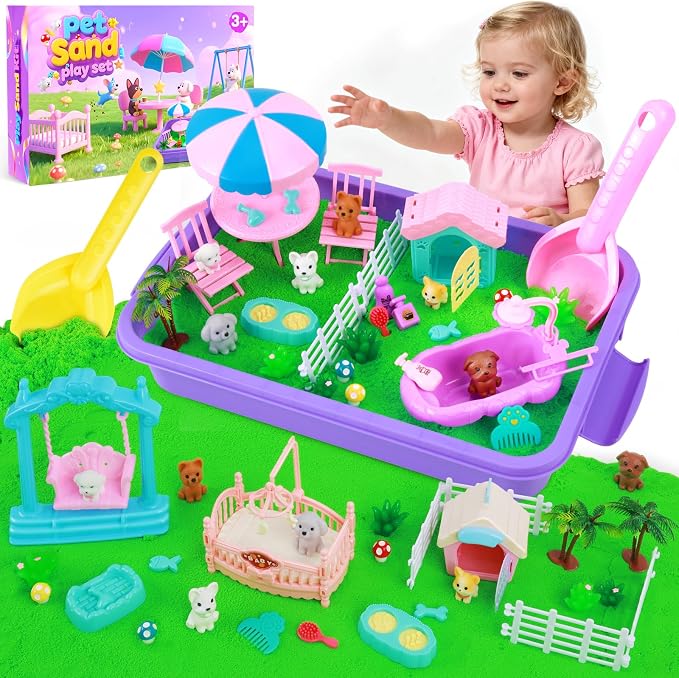 Mikiwon Pet Sensory Bin, Dog Sandbox Play Sand Art Kit with 1.1lbs Sand, Pet Care Sand Set, Sensory Play for Girls Boys Age 3+, Role Pretend Play Beach Toy for Kids Xmas Birthday Gifts