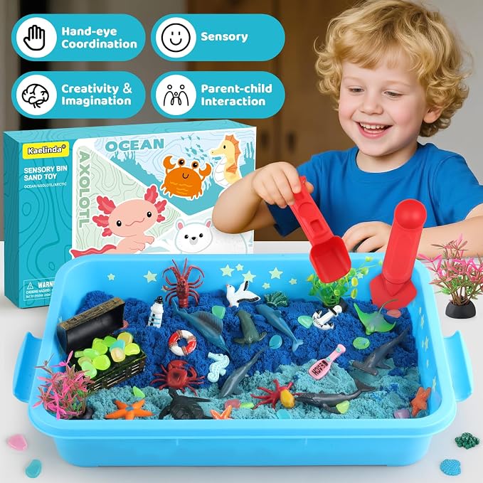 Kaelinda Ocean Sensory Bin for Toddlers 3-4 5-7, Sea Animals Toys for Kids | Sensory Bin Sand Gifts for Toddlers 3-4, Ocean Toys Sensory Sand for Boys Girls Birthday Gifts 3 4 5 6 7 8 Year Old