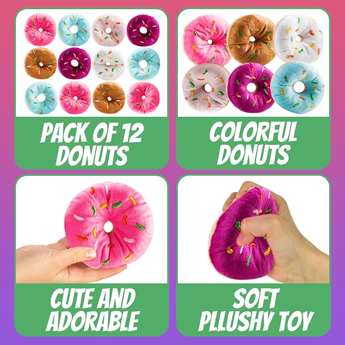 Plush Donut Toys with Sprinkles (12-Pack) Stuffed Donut Party Favors | Soft Stuffed Donuts for Donut Party Supplies, Birthday Decorations, Stocking Stuffers, Kids Party Favors & Classroom Rewards