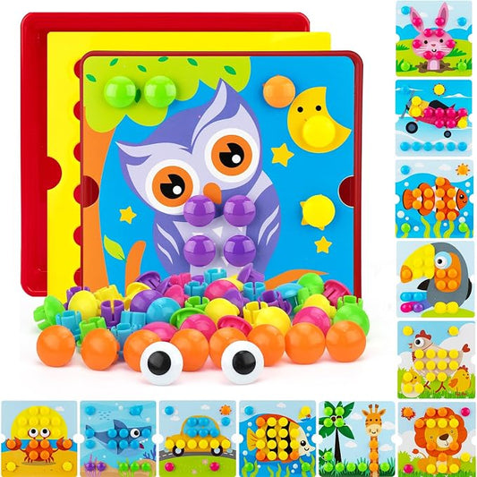 Button Art Pegboard for Toddlers - 12 Pics & 46 Buttons, Gift 3+ | 7.8'' x 7.8'' pegboard with toucan theme. Builds fine motor skills, color matching & creativity. Perfect early learning gift