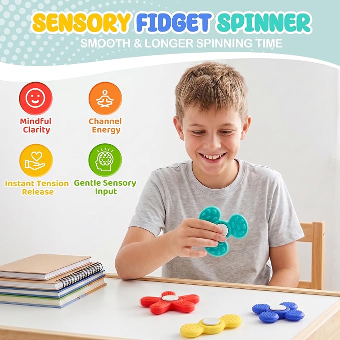 Silicone Sensory Fidget Spinner for Kids and Adults, Quiet Textured Fidget Toys with Soft Silicone Surface, Sensory Toys 4 Pack, Calm Focus Toy for Classroom, Office and Travel