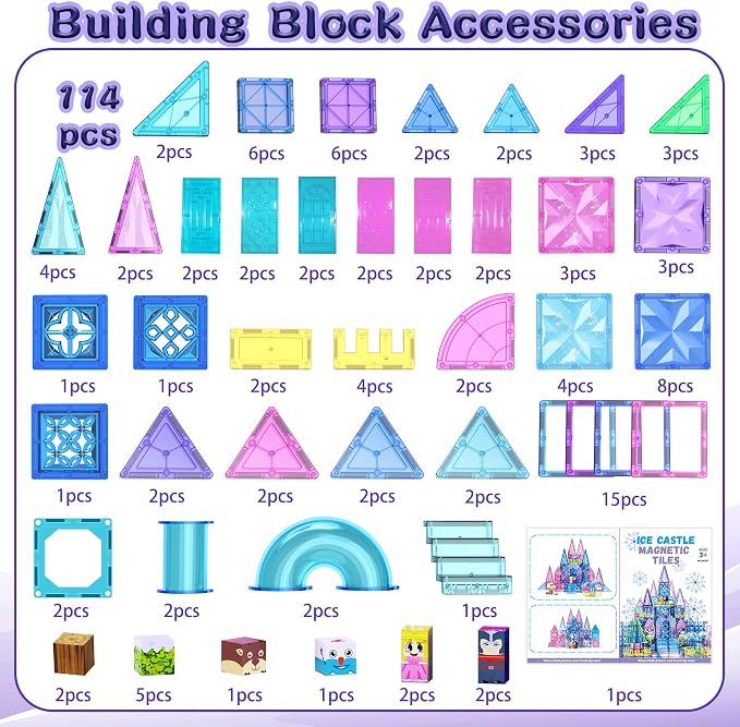 SKTMYY 114pcs Magnetic Tiles for Kids, 3D Diamond Princess Ice Castle | Magnet Blocks for Age 3-5 4-8, STEM Educational Toys, Montessori Preschool Classroom for Toddlers, Girls Kids Birthday Gift