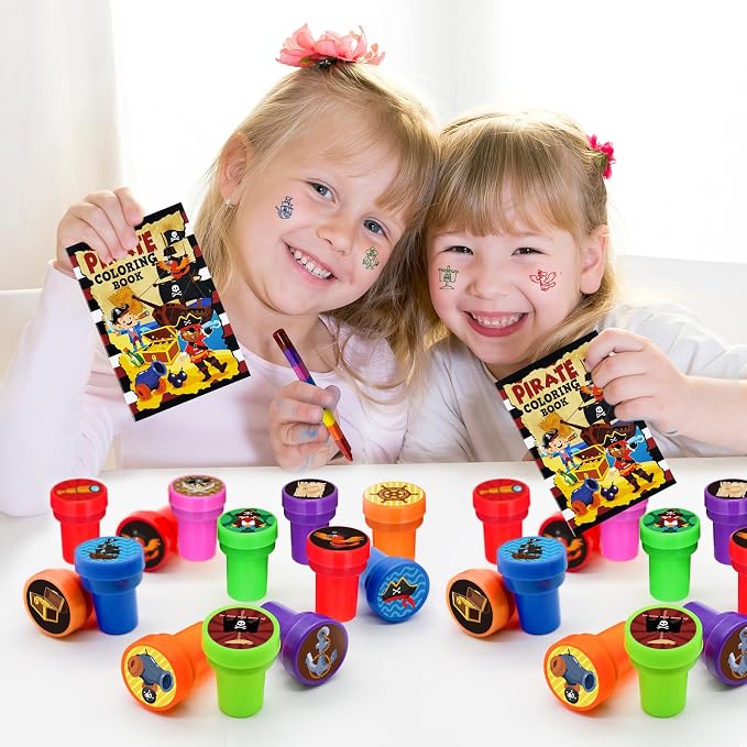 Cinrobiye 24 Pcs Pirate Stampers Party Favor Set, Cute Pirate Adventure Stamps for Kids Birthday Party, Classroom Rewards, Carnival Prizes, Goody Bag Fillers, Pirate Themed Party Supplies