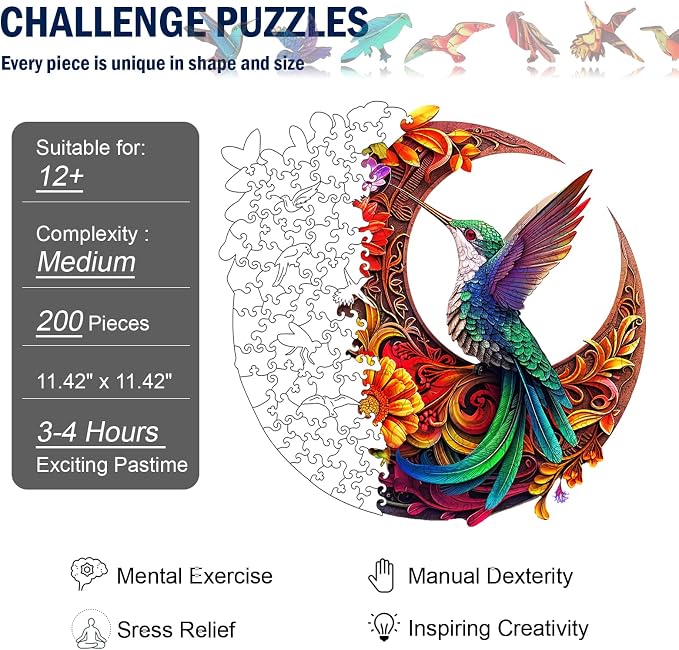 Unique Wooden Puzzles for Adults, Hummingbird Puzzle 200 Pieces 11.4" x 11.4", Animal Shaped Wood Puzzles Adult, Wooden Jigsaw Puzzles for Adults, Family Games for Kids and Adults