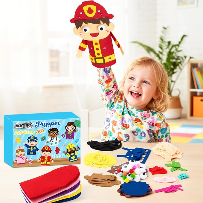 WATINC Hand Puppet Making Kit, Felt Sock Puppet Toys for Kids (Career A) | 6 Styles, Make Your Own Storytelling & Role Play Crafts, Creative Group Activity, Party Favors & Gifts for Kids Ages 4-8