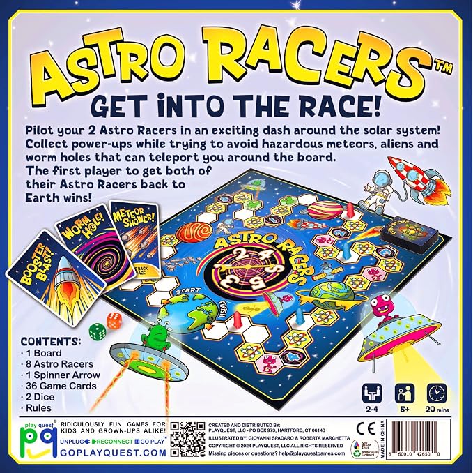 Astro Racers Board Game, Fun for Kids and Adults, 2-4 Players, Ages 5+, Solar System Racing Theme, Family-Friendly Strategy Game. Educational & Skill-Building.