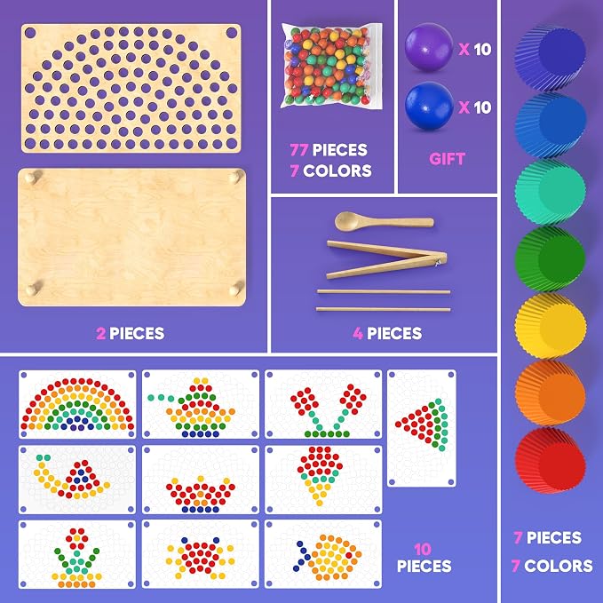 Toddler Wooden Learning Montessori Toys for 3 4 5 Years Old | Preschool Educational Board Bead Game, Baby Rainbow Stacking, Matching Counting Color Sorting, Fine Motor Math Skills